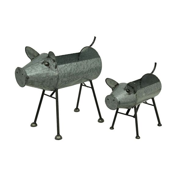 Galvanized Metal Set of 2 Indoor/Outdoor Pig Planter Sculptures - Picture 1 of 3